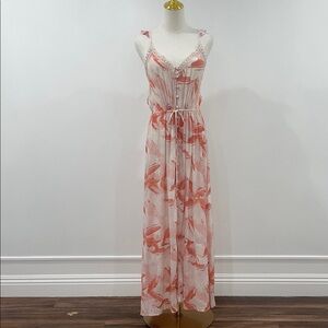 Roxy Coral and White Floral Maxi / Boho Relaxed Ankle Length Cross Strap Dress